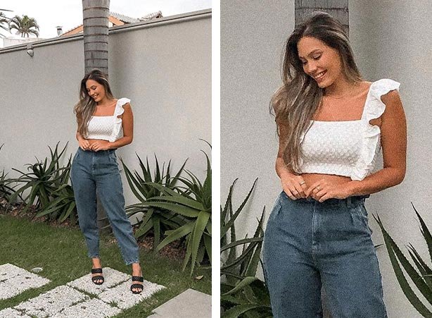 Decote quadrado com babados Decote quadrado com babados